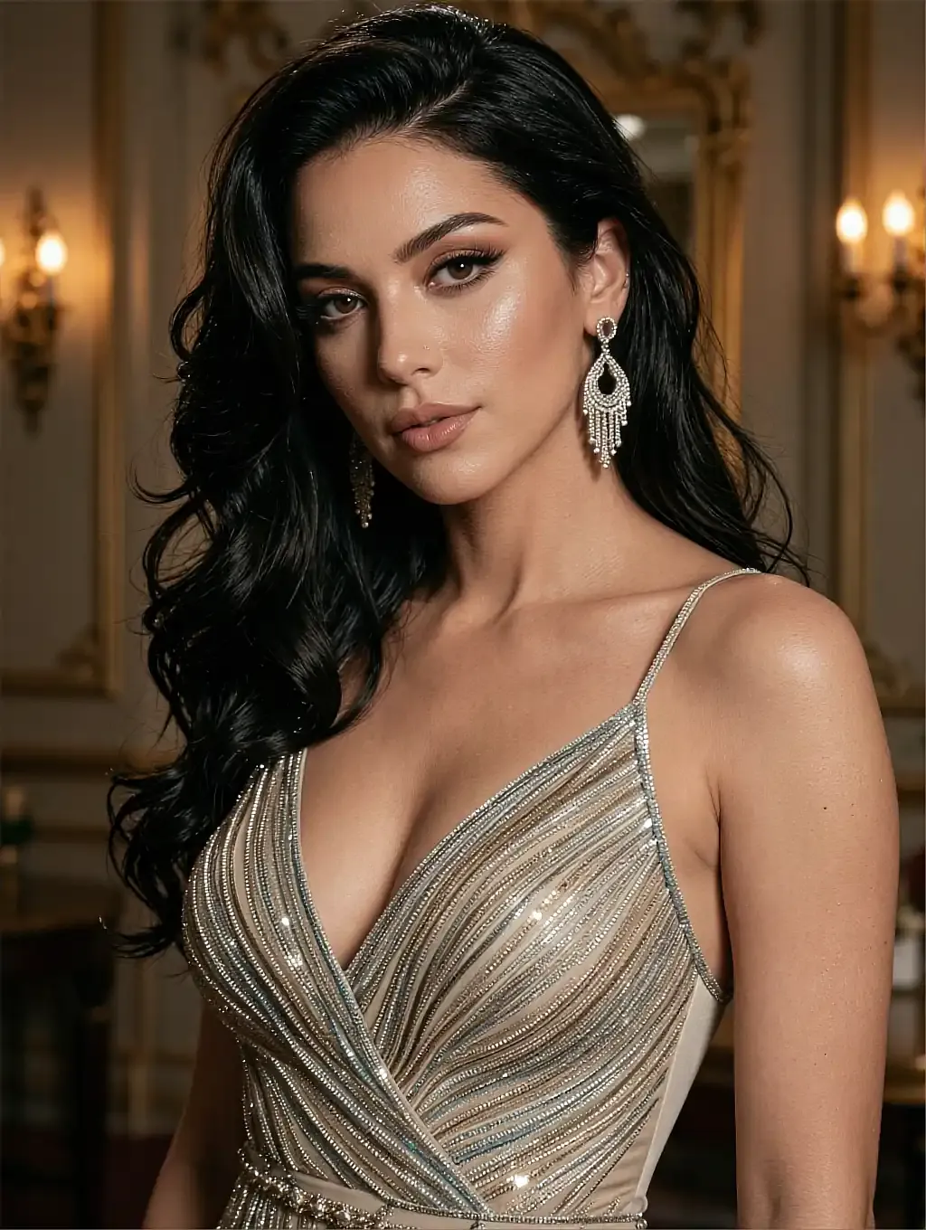 Fictional AI character in a draped gold evening dress under ornate lamplight
