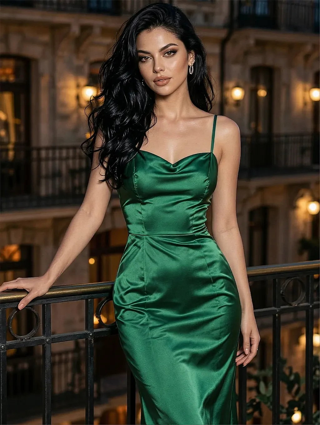 Fictional AI character in an emerald satin dress on a wrought-iron balcony