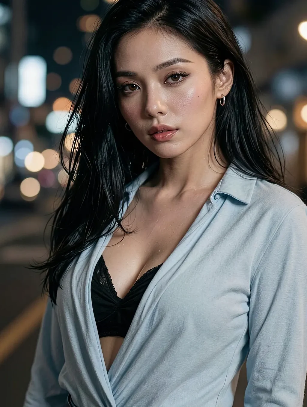 Fictional AI character in an open white shirt over a black bra on a night street
